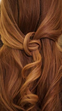 A knot of auburn hair pulled back from the sides into a central twist