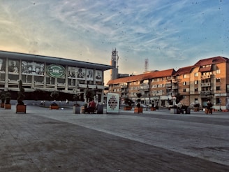 An urban plaza with a wide paved area is surrounded by modern buildings. The facade of a large building features historical images and a 'Bucovina 100' sign. The sky is partly cloudy and filled with scattered birds.