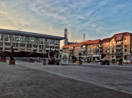 An urban plaza with a wide paved area is surrounded by modern buildings. The facade of a large building features historical images and a 'Bucovina 100' sign. The sky is partly cloudy and filled with scattered birds.