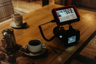 A cozy morning scene with a steaming cup of coffee beside a Sony A7 IV camera on a wooden table.