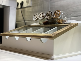 Close-up of a kitchen countertop with stylish storage jars.