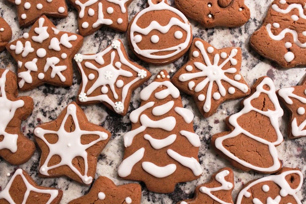 brown and white cookies with white star shaped candies