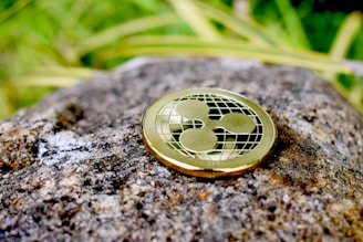A gold-colored coin featuring a design with three connected circles is placed on a textured rock surface with blurred grass in the background.