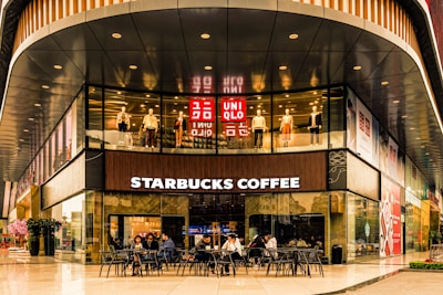 Close-up of modern retail storefronts within the complex