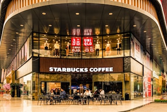 Close-up of modern retail storefronts within the complex