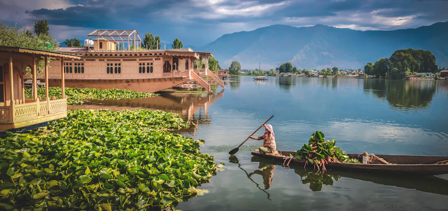 A shikara boatman rowing past houseboats on Dal Lake in Srinagar, Kashmir