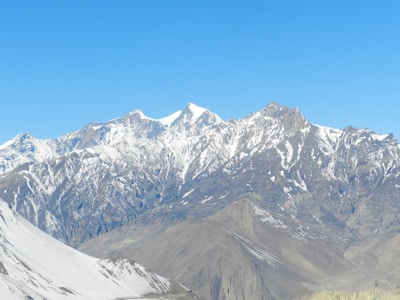 Snow-capped mountains and rugged terrain of Ladakh under a clear blue sky.