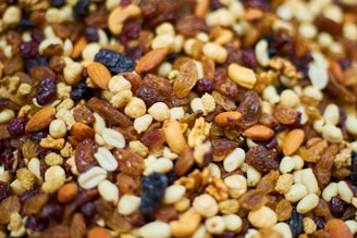 Close-up of fresh fruits and nuts as part of a balanced diet.
