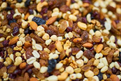 Close-up of a vibrant fruit mix snack bag with visible nuts and dried fruits