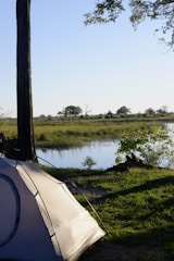 A tranquil campsite by a river with a tent set up under a tree. The background features a serene view of the river surrounded by lush green grass and scattered trees. The sunlight casts gentle shadows, creating a peaceful atmosphere.