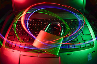 padlock on laptop with light trails