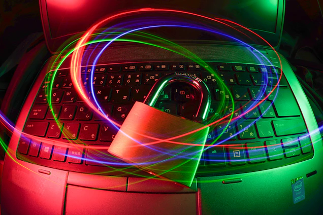A padlock sits on a laptop keyboard with glowing red, green, and blue light trails swirling around, creating a sense of security and cyber awareness.