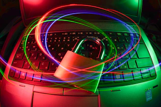 padlock on laptop with light trails