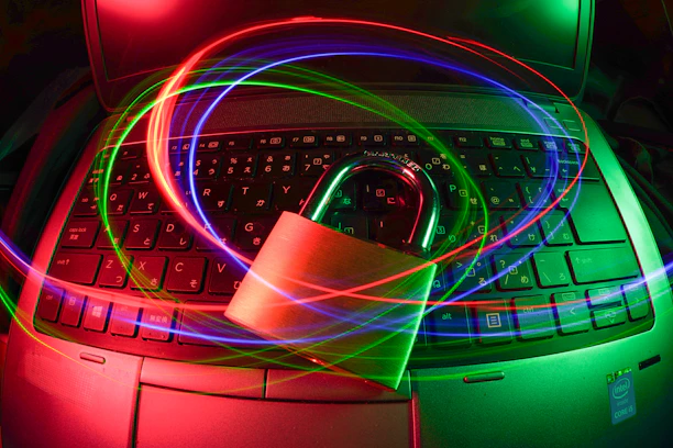 padlock on laptop with light trails