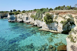 brown and green cliff beside blue sea during daytime
