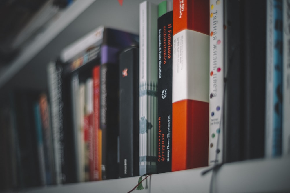 Libros en estantería de madera blanca