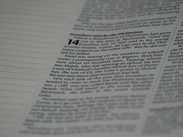 A close-up view of a page from a book containing text in English. The text includes numbered sections that appear to be part of a larger narrative or religious scripture. The lighting is soft, emphasizing the texture of the paper and the printed words.