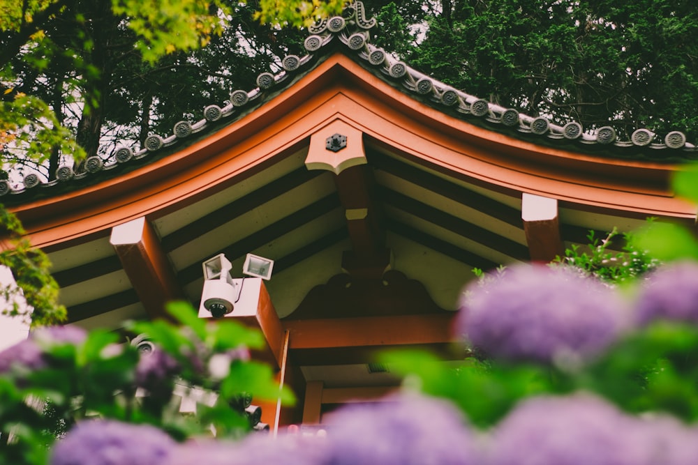 紫色の花が咲く茶色の木造家屋