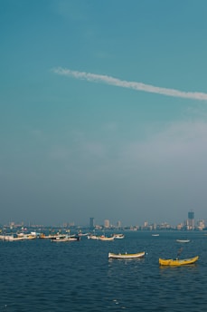 A serene morning view of Kochi cityscape with traditional boats on the water.