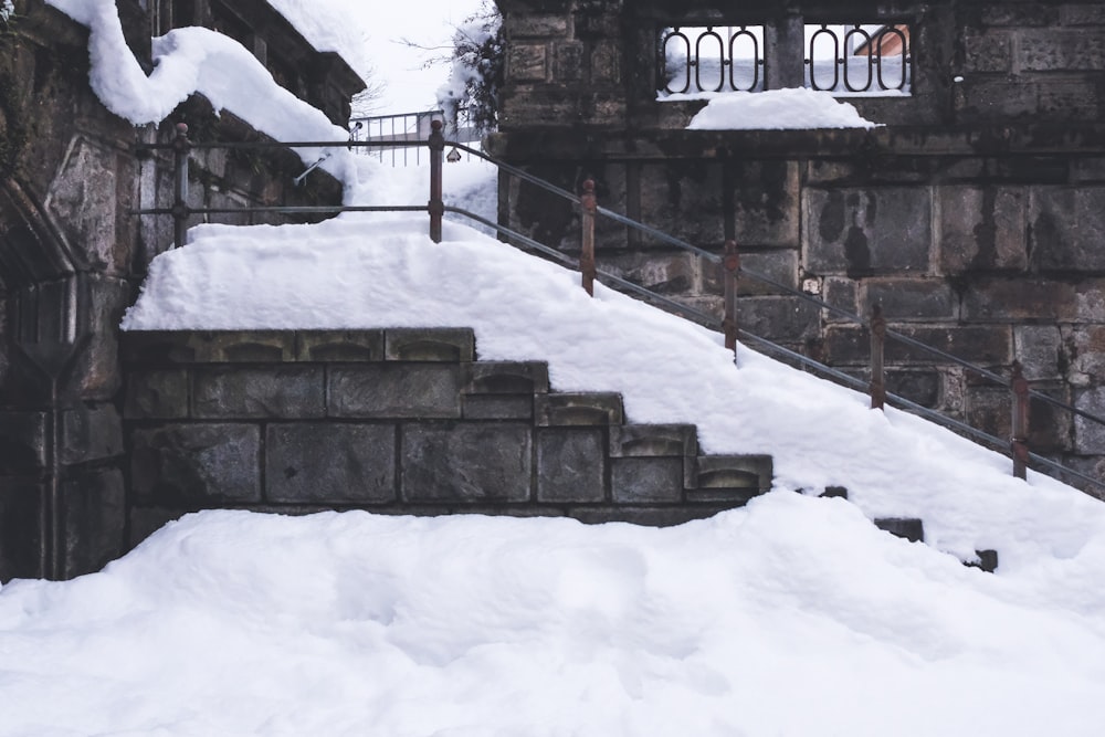 brown concrete stairs covered with snow