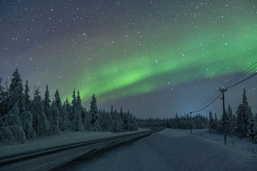 green aurora lights over the road,