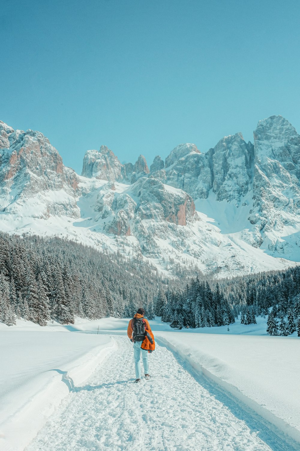 person in orange jacket and blue denim jeans walking on snow covered ground near snow covered