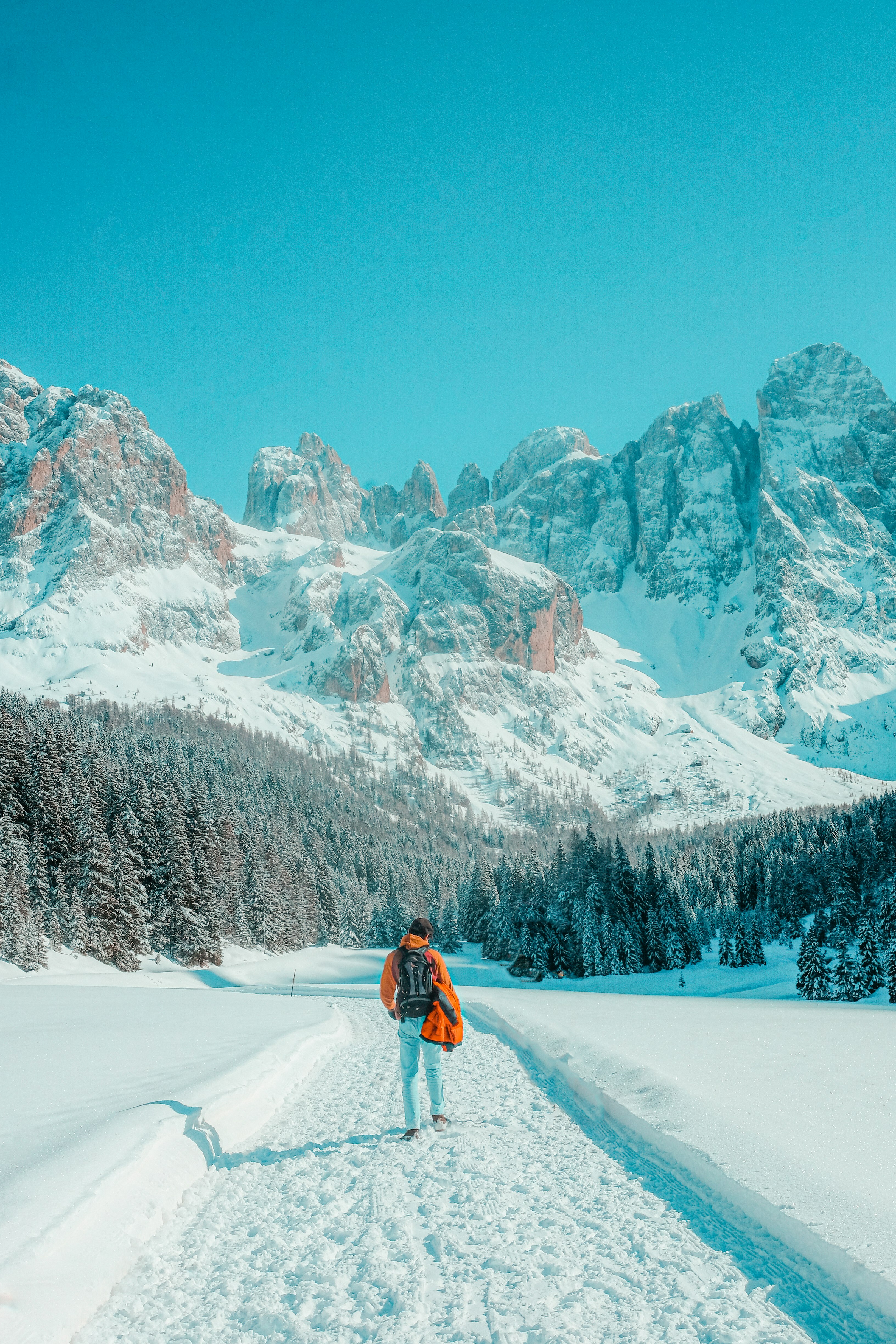 person in orange jacket and blue denim jeans walking on snow covered ground near snow covered