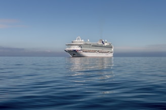 A vibrant cruise ship sailing under a clear blue sky with excited passengers on deck.