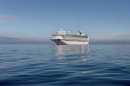 A vibrant cruise ship gliding through clear blue waters under a sunny sky.