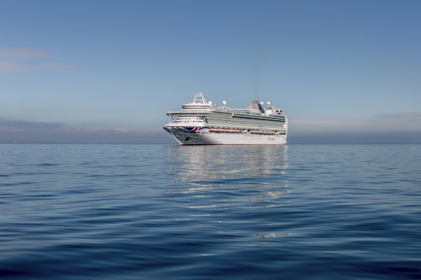 A vibrant cruise ship sailing under a clear blue sky with excited families on deck.
