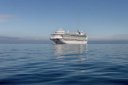 A cruise ship cutting through calm blue waters under a clear sunny sky.