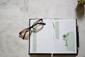 An open planner with an organized layout is placed on a light textured surface. A pair of tortoiseshell eyeglasses rests on the left page. The planner has sections with pastel green areas and a subtle floral illustration. A pen is tucked into the planner, and a small potted plant is visible in the upper right corner.