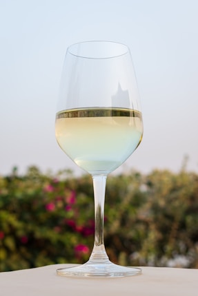 A glass of white wine is placed on a surface with an outdoor backdrop featuring blurred greenery and pink flowers. The sky is clear, giving a soft, serene ambiance.