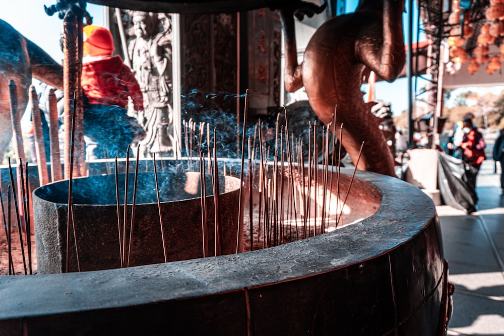 brown wooden table with water fountain