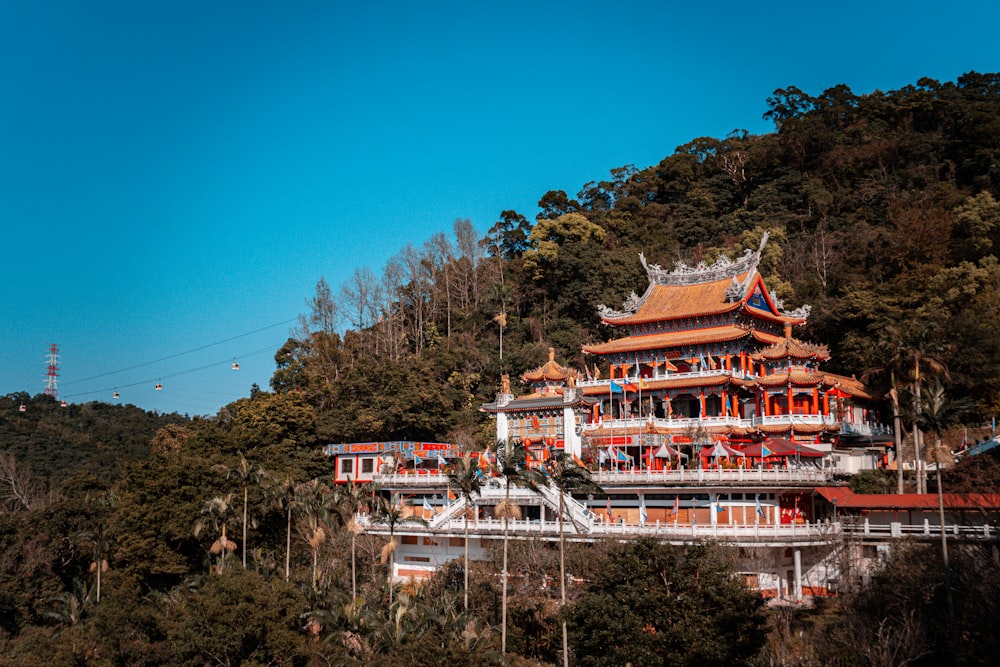 white and red temple surrounded by green trees under blue sky during daytime