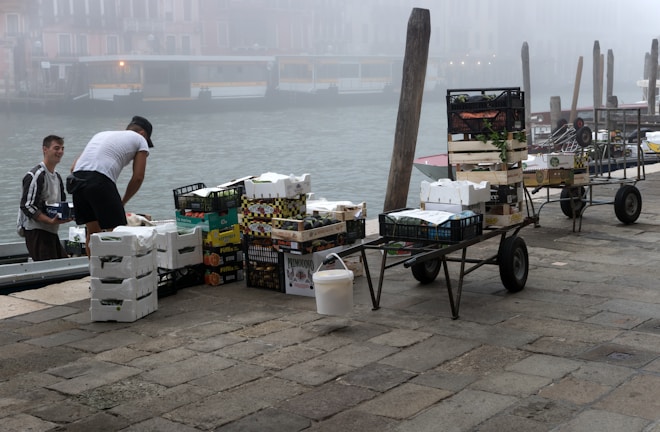 Two individuals are unloading or organizing a variety of boxes and crates containing goods, possibly fruits or vegetables, beside a canal. The atmosphere is misty, partially obscuring the background and giving a hint of old Venetian buildings across the water. Several hand carts filled with boxes are positioned nearby on a cobblestone path.