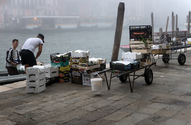 Two individuals are unloading or organizing a variety of boxes and crates containing goods, possibly fruits or vegetables, beside a canal. The atmosphere is misty, partially obscuring the background and giving a hint of old Venetian buildings across the water. Several hand carts filled with boxes are positioned nearby on a cobblestone path.