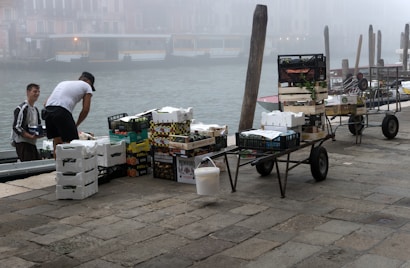 Two individuals are unloading or organizing a variety of boxes and crates containing goods, possibly fruits or vegetables, beside a canal. The atmosphere is misty, partially obscuring the background and giving a hint of old Venetian buildings across the water. Several hand carts filled with boxes are positioned nearby on a cobblestone path.
