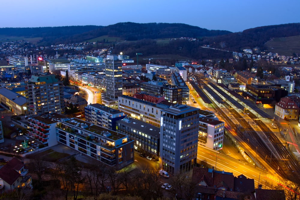 city skyline during night time