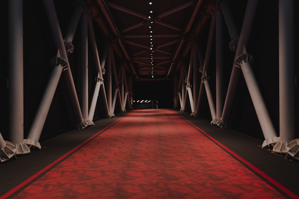 red and brown hallway with white lights