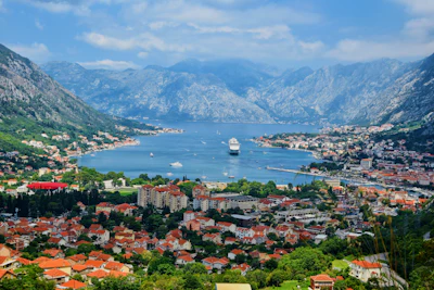 The Bay of Kotor from above, with the old town on the water below the mountains
