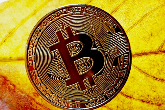A Bitcoin coin with intricate circuit patterns displayed prominently over the surface is placed on a vibrant yellow leaf. The patterns and engravings on the coin are clearly visible, highlighting the decentralized nature of cryptocurrency. The background features the detailed texture of the leaf, creating a striking contrast with the metallic appearance of the coin.