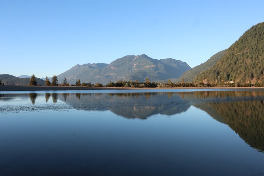 lake near mountain under blue sky during daytime