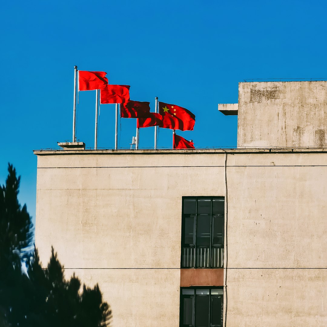 red flags on gray concrete building during daytime