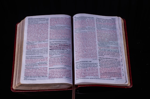 Open book with highlighted text and editing marks on pages.