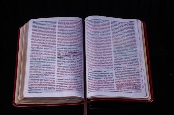 An open book with highlighted passages and handwritten notes on the side