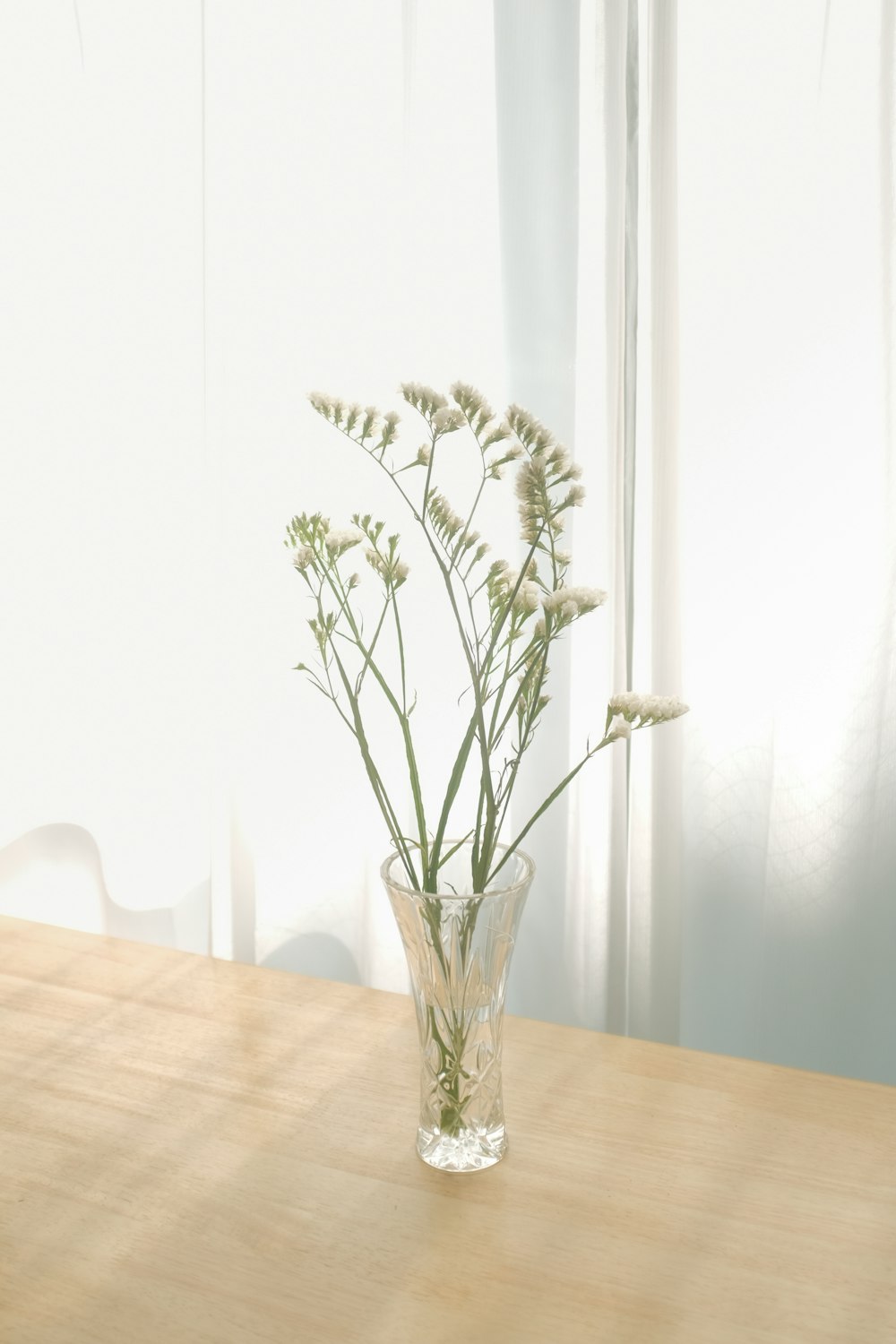 white flowers in clear glass vase on brown wooden table