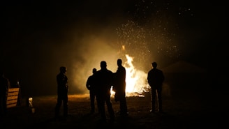 silhouette of people standing on field during night time