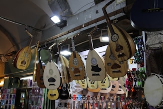 A variety of string instruments are hanging on display in a shop. The instruments include lutes with intricate patterns and some guitars. The color tones are wooden browns, and there are also bright tambourines with various colors such as red, green, and blue visible. The shop is well-lit with several spotlights and fluorescent lights illuminating the instruments.