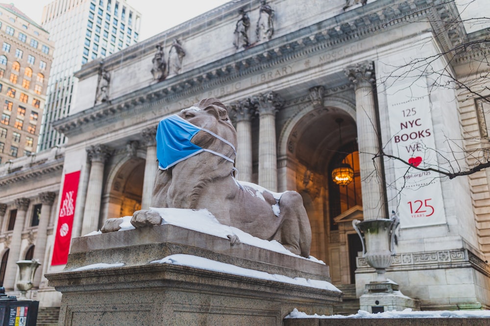 gray concrete statue of man in blue hat